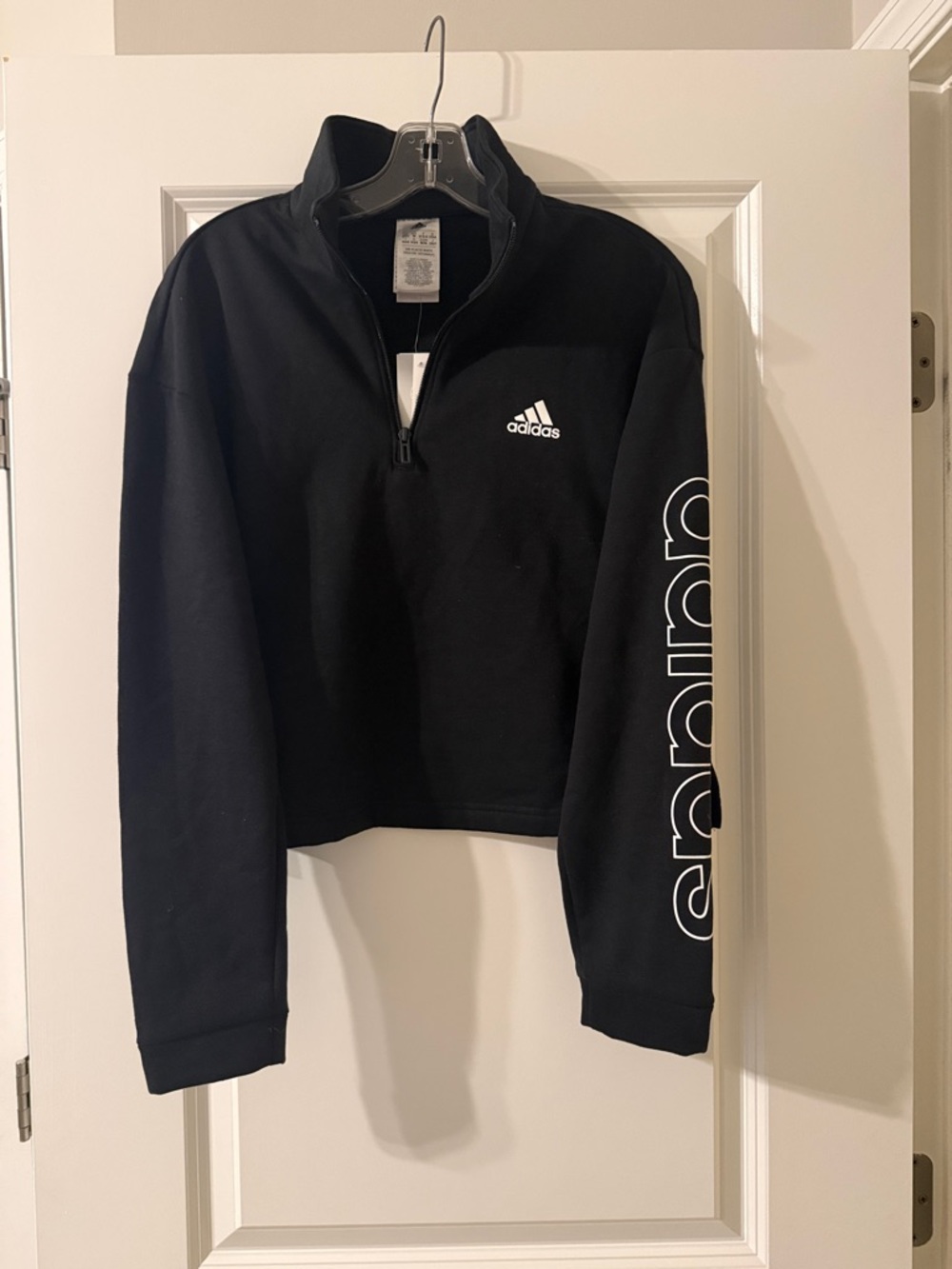 adidas Black Cropped Mock-Neck Pullover with Sleeve Script NWT